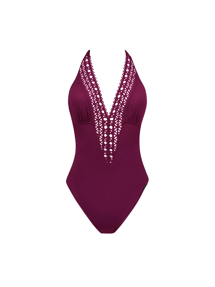 Lise Charmel Swimwear - Ajourage Couture Plunging Back And Front Halter Swimsuit Ajourage Prune