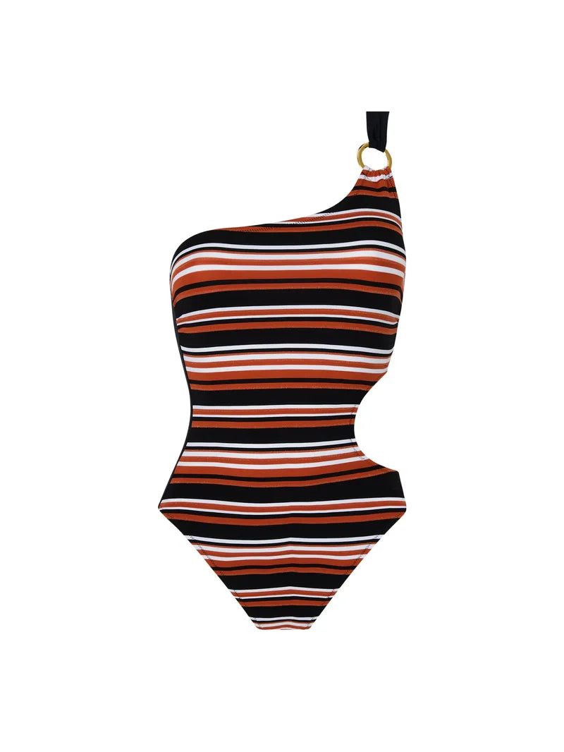 Antigel Swimwear by Lise Charmel - L Antigel Globe One-shoulder Swimsuit Auburn Rayé